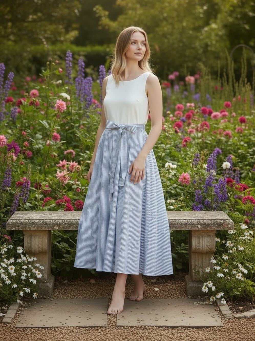 Cupshe Womenβs Blue/White Striped Tie Waist A-Line Midi Dress, Size S